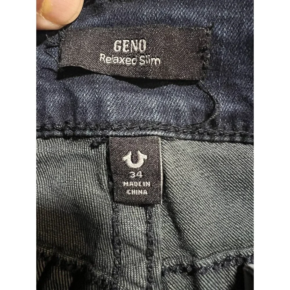 True Religion‎ Geno Relaxed Slim Jeans Mens 34x25 Blue Dark Wash Flap Pockets.